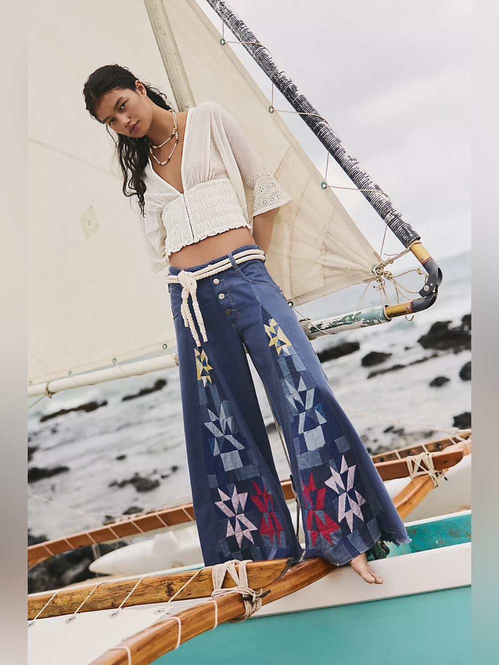 NWT FREE PEOPLE WE THE FREE Kaleidoscope Wide Leg Jeans | Starry Night MSRP $398 - Picture 6 of 8